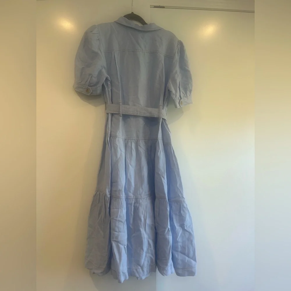 Soft Surroundings Light Wash Denim Utility Button Tiered Midi Dress Puff Sleeve - Picture 8 of 10